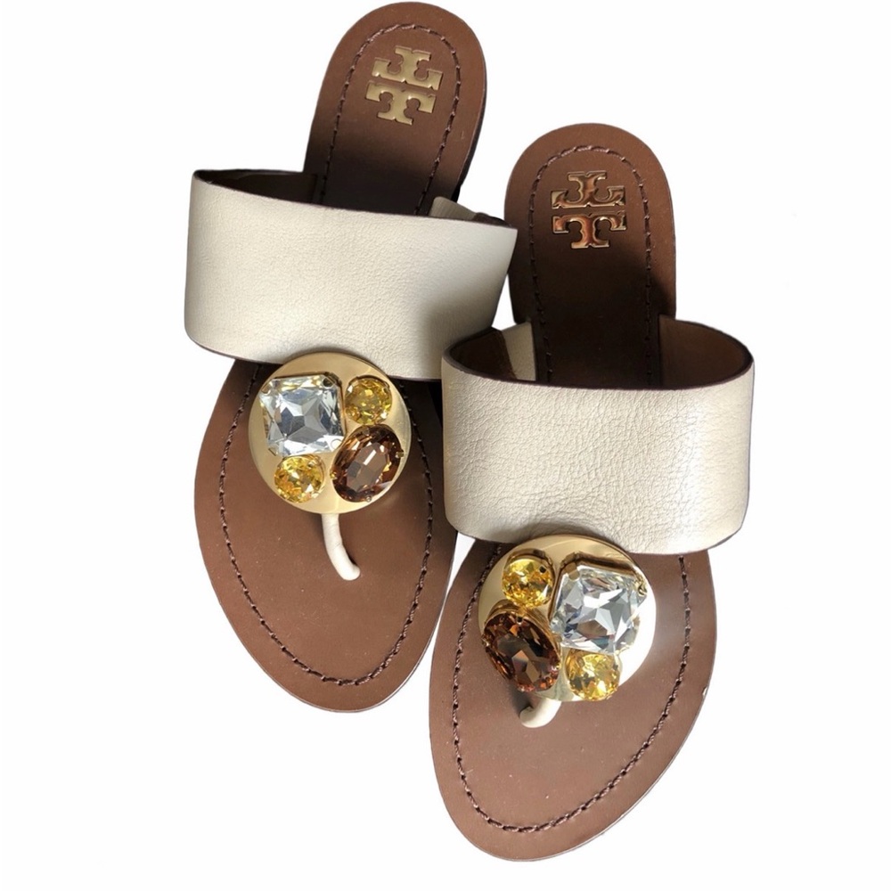 Tory Burch Cream and Gold Embellishment Sandals | New